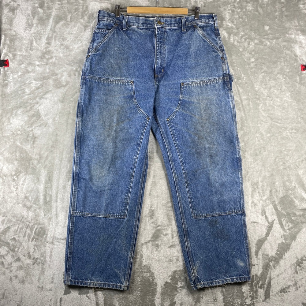 Carhartt Double Knee Logger Jeans Pants Men 38x30 Fits 36x30 Blue Denim B73 DST